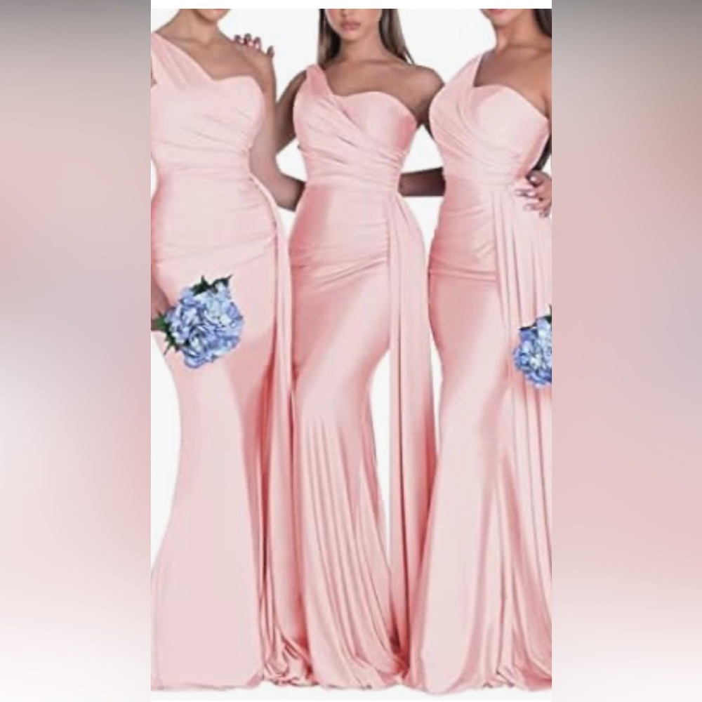 Pink stain bridesmaid dresses off shoulder long gown